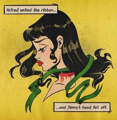 a drawing of a woman with long black hair and green ribbon around her neck that says,