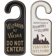 two door hangers that say wizard's at work and do not enter