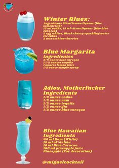 the different types of cocktails are shown in this graphic style, including blue margarita