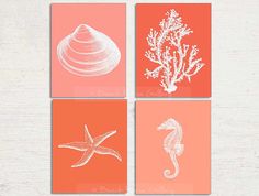 four square prints with sea animals and coral colors