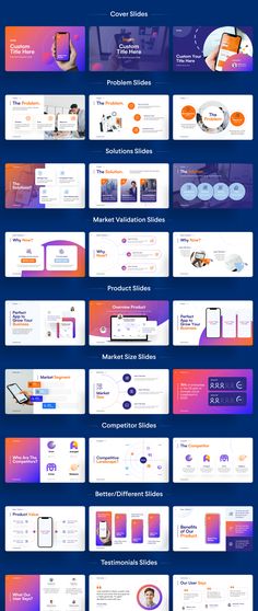 a bunch of different types of webpages on a blue background with purple and orange colors