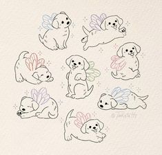 six drawings of puppies with wings and hearts on their backs, all in different colors