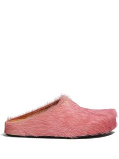 light pink calf leather/calf hair round toe branded insole slip-on style flat rubber sole Pink Cushioned Slip-on Mules, Pink Leather Round Toe Slippers, Pink Slip-on Flats With Removable Insole, Pink Slip-on Flats With Leather Sole, Pink Slip-on Mules With Removable Insole, Pink Leather Sole Slip-on Mules, Pink Slip-on Mules With Leather Sole, Pink Leather Flat Mules, Pink Flat Leather Mules