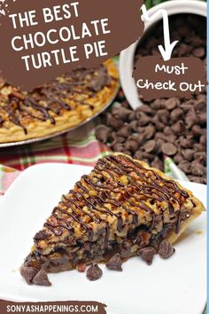 a piece of chocolate turtle pie on a white plate with the words, the best chocolate turtle pie check out