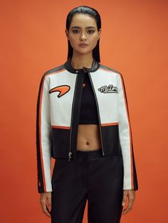 McLaren F1 Colourblock Leather Biker Jacket Mclaren Formula 1, Aesthetic Grunge Outfit, Mclaren F1, The Peak, Loungewear Shorts, Leather Biker Jacket, Biker Jacket, Papaya