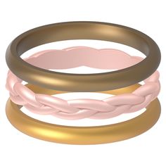 three different colored rings with gold and pink bands on each one, all stacked together