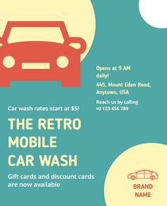 Retro Theme Car Wash Poster Mobile Car Wash, Discount Card