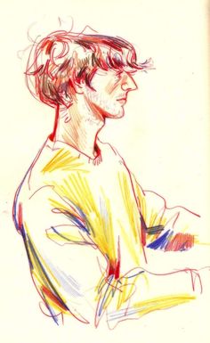 a drawing of a man with his arms crossed and looking off to the side, in colored pencil