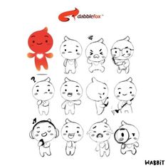 an animation character sheet with various expressions for the character, including cats and other animals