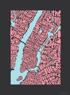 the new york city map is shown in pink and blue, with words all over it