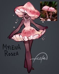 a drawing of a woman in a pink dress and mushrooms