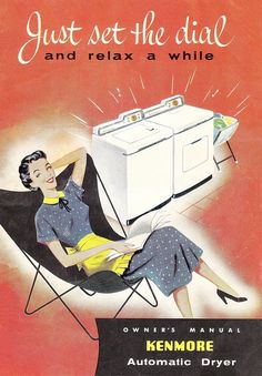 an advertisement for kenmore automatic dryer with a woman sitting on a lawn chair