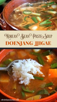 korean bean paste soup with white rice in an orange bowl