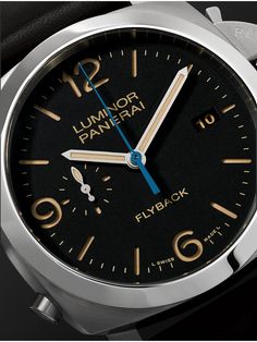 This 'Luminor 1950' is the first reference in Panerai's collection to add flyback functionality to the P.9100 chronograph calibre, developed entirely in-house at its facility in Neuchâtel, Switzerland. The feature demonstrates the brand's sophisticated horological know-how, not to mention how seriously it takes its responsibilities keeping time on regatta competitions worldwide, where skippers depend on instant-reset stopwatch capability. For warranty information, please refer to details & care Classic Black Chronograph Watch With Date Indicator, Luxury Black Chronograph Watch With Date Indicator, Panerai Watches, Black Leather Watch, Mens Watches Leather, Panerai Luminor, Latest Watches, Mens Black Leather, Stainless Steel Watch