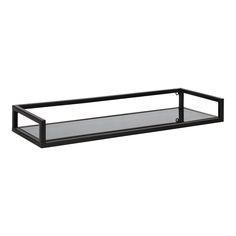 a black shelf with glass shelves on the bottom and one shelf below it, against a white background