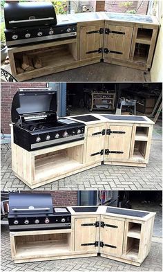 an outdoor kitchen made out of pallets and wooden cabinets is shown in three different views