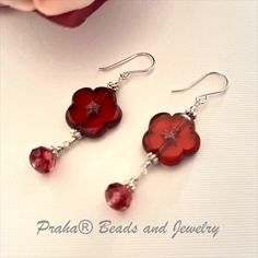 Great earrings for spring and summer...dark pink Czech glass flower beads are accented with gray trim. Earrings have drops of Czech rondell glass beads of pink and translucent. Czech Glass Earrings, Boho Tassel Keychain, Glass Flower Earrings, Earring Styles, Pink Heart Earrings, Beaded Necklace Patterns, Gray Trim