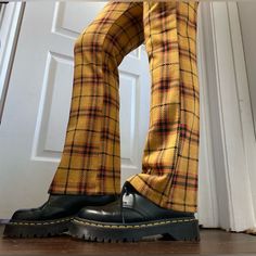 These Plaid Pants Are New Without Tags. The Quality Is Amazing. The Pattern Is A Gold / Yellow And Black Plaid. Size Xs. The Pants Are Like A Straight Pants But When You Put Them On, It Looks More Like A Mini Flare. The Material Is Stretchy But At The Same Time It’s On The Thicker Side So It Doesn’t Wrinkle Easily And It Holds You In Around The Waist Line. Yellow Full Length Bottoms For Fall, Yellow Fitted High Waist Bottoms, Fitted Yellow Wide-leg Bottoms, Fitted High Waist Yellow Bottoms, Casual Yellow Bottoms For Fall, Plaid Pants Aesthetic, Casual Full-length Yellow Bottoms, Yellow Fitted High-waisted Pants, Fitted High-waisted Yellow Pants