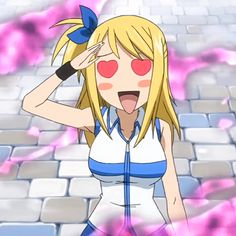 an anime character with red eyes and blonde hair is standing in front of a brick wall