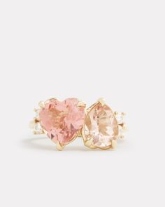 18K Yellow Gold Pink Tourmaline Heart and Morganite Pear Shape Ring with Diamonds, .2 TCWOrnament is 7/8 Inch x 3/8 Inch Style# YRHPPMW Pear Shape Ring, Pear Shaped Ring, Floral Necklace, Bracelet Collection, Morganite, Pink Tourmaline, Pear Shape, Ring Necklace, Pear Shaped