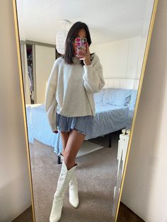 Skirt Sweater Cowboy Boots, Styling White Western Boots, Sweater With Flowy Skirt, White Cow Boots Outfit, Cream Boots Outfit Summer, Fall White Boots Outfit, Tall Cream Boots Outfit, Cream Cowgirl Boots Outfit, White Cowgirl Boots Outfit Fall