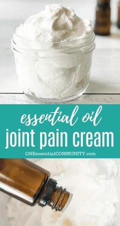 DIY essential oil joint pain cream for sore hands, aching shoulders, stiff knees, swollen feet, lessens stiffness, eases painful joints, reduces inflammation and swelling, all natural, fast acting, pain relief that penetrates deep. Made with copaiba, lemongrass, frankincense, myrrh, peppermint, wintergreen essential oils for a homemade treatment of joint pain, DoTerra, Young Living, Plant Therapy. One Essential Community, Whipped Coconut Oil, Wintergreen Essential Oil, Copaiba Essential Oil, Sore Hands, Myrrh Essential Oil, Essential Oils For Pain, Diy Cream, Pain Relief Cream