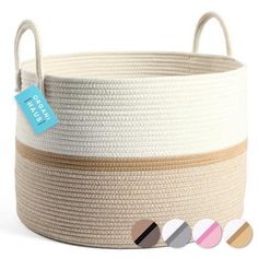 a large basket with three different colors on the bottom and two handles, one for storage