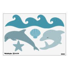 two dolphins and a starfish in the ocean wall decals, one is blue