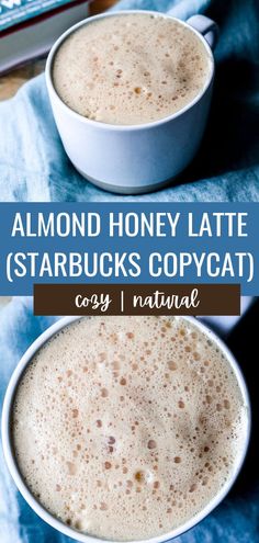 two mugs filled with almond honey latte starbucks copycat coffee recipe for the busy mom