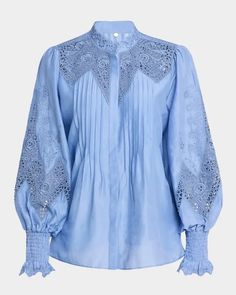 Kobi Halperin Delta Embroidered Cotton-Silk Blouse | Neiman Marcus Pintuck Blouse, Tonal Embroidery, Kobi Halperin, Lace Inset, Band Collar, Peasant Tops, Embroidered Silk, Embroidered Blouse, Navy Color