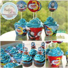 thomas the tank engine birthday cupcakes with blue frosting and train stickers