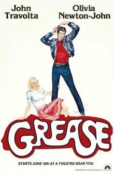 an advertisement for grease with two people standing on the word grease in red and white