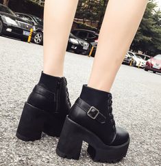 Department Name: Adult Item Type: Boots Upper Material: PU Boot Height: Ankle Closure Type: Lace-Up Boot Type: Motorcycle boots Toe Shape: Round Toe Heel Height: Super High (8cm-up) Heel Type: Square heel Season: Spring/Autumn Pattern Type: Solid Outsole Material: Rubber With Platforms: Yes Platform Height: 5-7cm is_handmade: Yes Fashion Element: Buckle Heel Height: 11cm Leather Style: Soft Leather Platform Height: 5cm Pu Boots, Winter Heels, Western Style Boots, Pu Heels, Buckled Heels, Round Toe Heels, Motorcycle Boots, Lace Up Ankle Boots, Black Ankle Boots