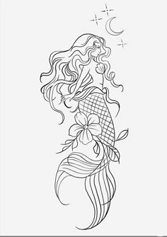 a black and white drawing of a mermaid with her tail curled up, holding a starfish