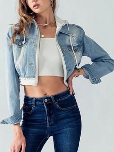 "Get the best of both worlds with this hoodie zip-up sweater jean combo crop jacket. The raw hem detail adds a touch of edginess and the 2-in-1 design makes it the perfect all-season piece. Whether you're looking for a casual everyday look or a statement piece for a night out, this denim jacket has got you covered. Available in classic black and white, it is a basic that will never go out of style. Upgrade your wardrobe with this must-have hoodie sweater jean combo crop jacket. Cropped Hoodie Zip up Sweater Jean Jacket Combo. Available in Black + Black and Blue + White from Size Small to Large. Basic Cut Stretchy Denim Jacket Features Silver Buttons, Front and Side Pockets. Small (2/4), Medium (6/8), Large (10) Length (shoulder point to bottom): 16 1/2\" for all sizes Back shoulder width f Denim Long Sleeve Hooded Jacket For Spring, Trendy Hooded Cropped Jacket For Streetwear, Casual Hooded Cropped Jacket For Streetwear, Urban Cropped Jacket For Spring, Trendy Hooded Cropped Jacket For Spring, Trendy Hooded Denim Jacket For Spring, Urban Denim Hooded Jacket For Spring, Urban Style Denim Hooded Jacket For Spring, Hooded Cropped Jacket For Spring Streetwear