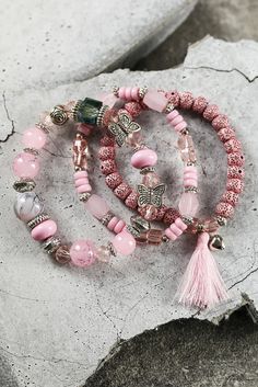 Elluis - Light-Pink-Infused Beaded Charm Wraparound Papillon Rose, Holiday Beading, Layered Bracelet, Leather Bangle, Detailed Necklace, Estilo Boho Chic, Rose Pale, Pink Pattern, Layered Jewelry