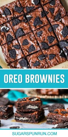 chocolate oreo brownies are stacked on top of each other with the title above it