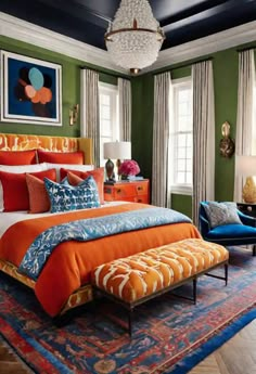 a bedroom with green walls, orange bedding and blue accents on the ceiling is decorated in an eclectic style