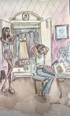 a drawing of two women hanging out in front of a dress rack with dresses on it