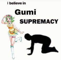 a woman standing next to a shadow of a man in front of the words gumi supremacy