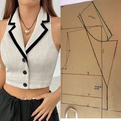 a woman wearing a white shirt and black pants next to an image of a sewing pattern