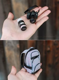 two pictures of a hand holding a camera and a pair of binoculars in it's palm