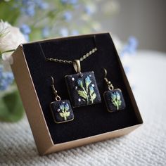 Enchanting Embroidered Blue Rose Jewelry Set Antique Bronze Square Pendant Necklace and Earrings Mother's Day Gift - Etsy