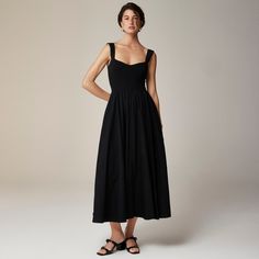 Sweetheart tank dress with poplin skirt Dress Up Plain Dress, Black Dress Rehearsal Dinner, Dresses Only Capsule Wardrobe, Simple Long Black Dress Formal, Masculine Dresses For Women, Women’s Dress, Black Dress Family Photos, Summer Outfits Paris, Top Under Dress