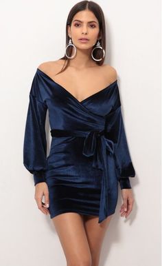 Party dresses > Adela Off The Shoulder Velvet Dress in Navy Classy And Elegant, Casual Day Dresses, Navy Velvet, Straight Dress, Date Night Dresses, Stretch Velvet, Long Puff Sleeves, Midi Maxi Dress, Puffed Sleeves