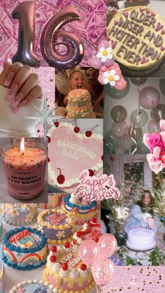 a collage of photos with cake, candles and balloons in the shape of numbers