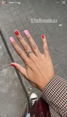 Red Multicolor Nails, Red Pink Nails Ideas, One Hand Red One Hand Pink Nails, Pink And Red Gel Nails, Pink Nails Red Tips, Pink And Red Nails Short, Red And Pink Nails Ideas, Red And Pink Nails, Pink And Red Nails