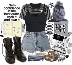 Gamer Outfits Aesthetic, Look Grunge, Teenage Outfits, Look Short, Rock Outfits, Artist Outfit, Punk Outfits