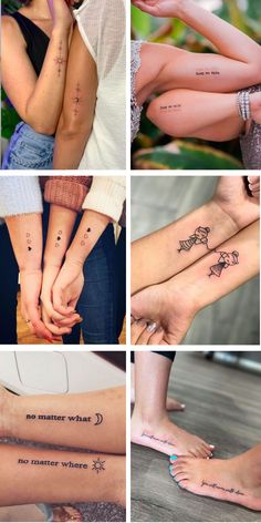 many different pictures of people with tattoos on their arms and feet, one is holding the other's hand