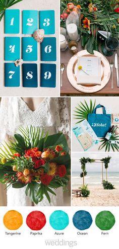 the color scheme for this tropical wedding is bright blue, green, and red with orange flowers